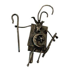 Artisan Devil Crescent Moon Star Pin Brooch Silver 3 inch Signed LHT Wicca 87 g